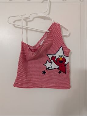 Y2K Sesame Street Elmo Red Striped One Shoulder Top